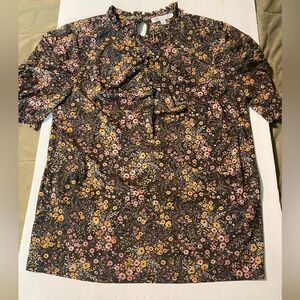 DR2 high neck brown micro floral print short sleeve blouse semi Sheer mesh L
